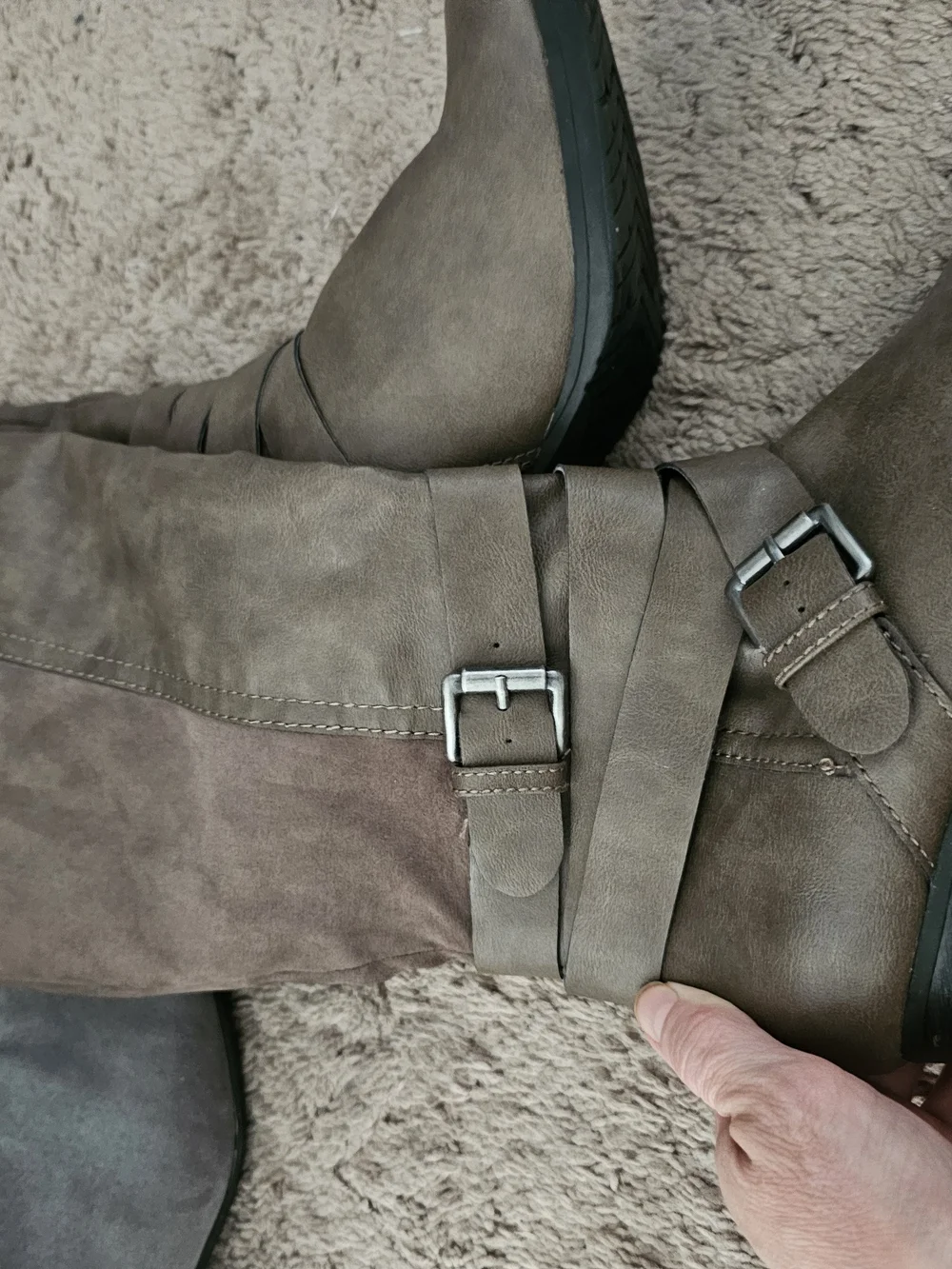 Women's Grey, Tan And Brown Suede Ankle Boots W/ Buckle Detail.